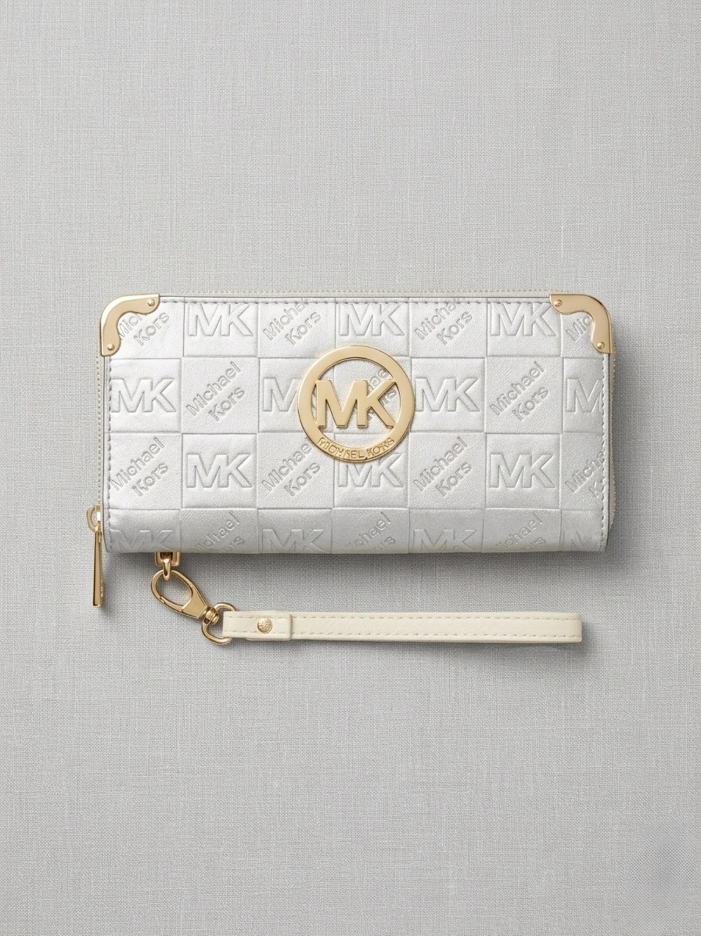 Michael Kors White Metallic Quilted MK Wristlet Wallet Large